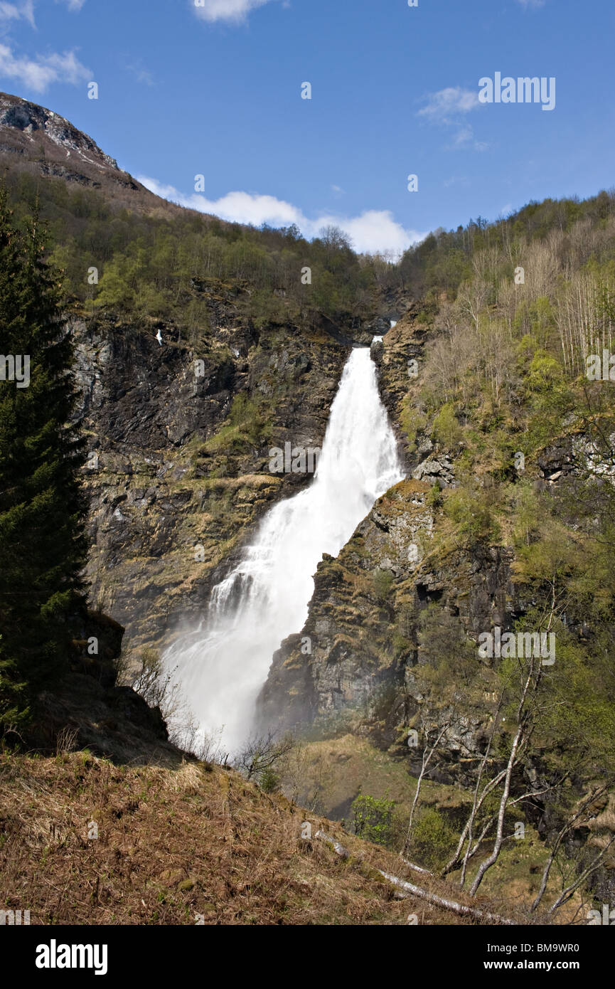 Sivlefossen Waterfall Cascading Down the Stalheim Valley Hordaland near Voss Norway Stock Photo