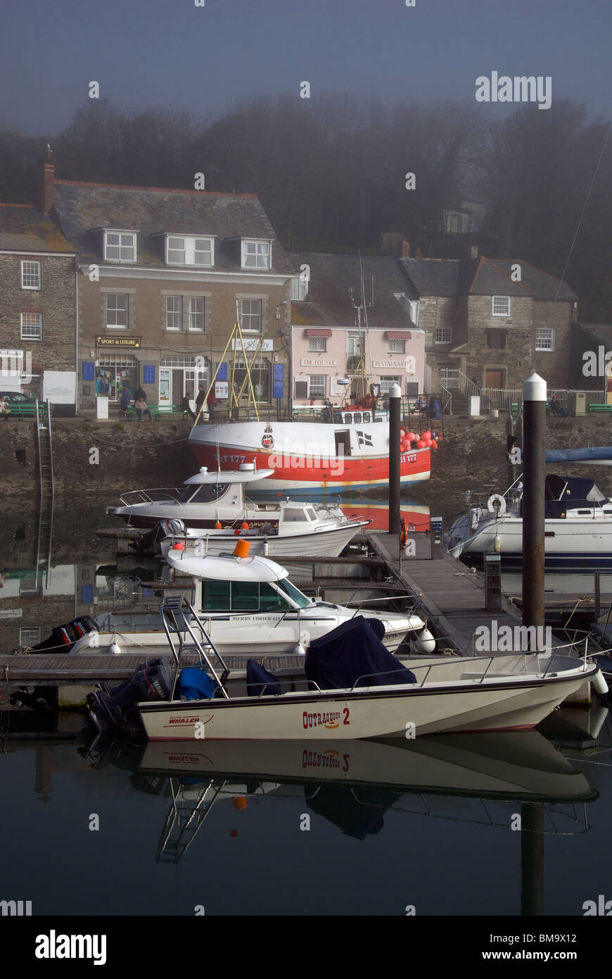 Padstow Cornwall UK Harbor Harbour Quay Marina Fishing Boats Mist Stock