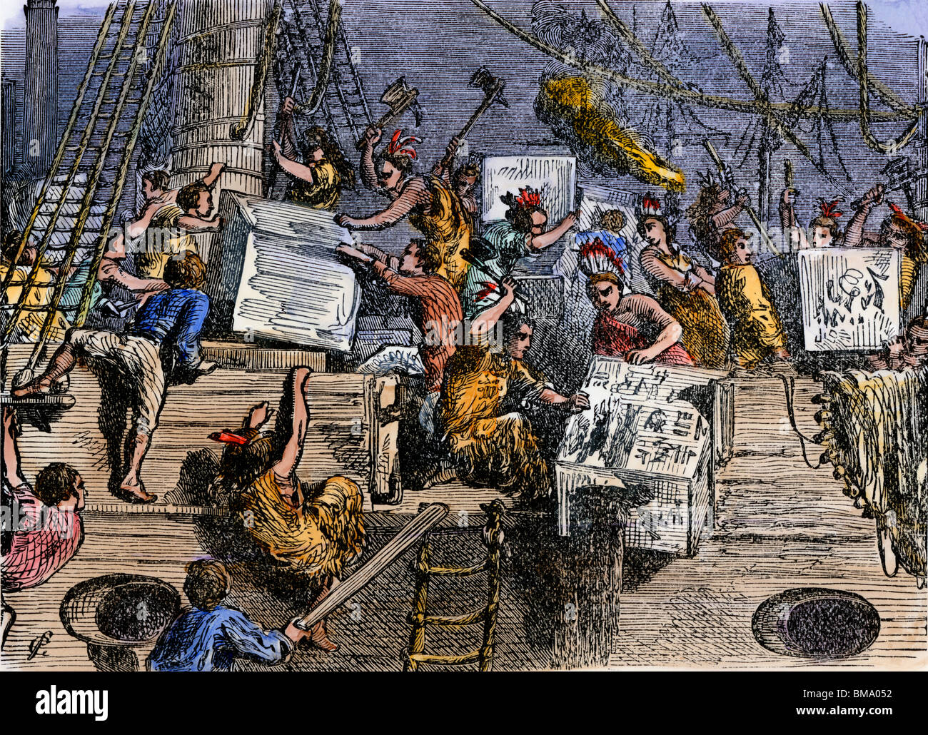 Colonists throwing boxes of tea overboard during the Boston Tea Party, 1773. Hand-colored woodcut Stock Photo