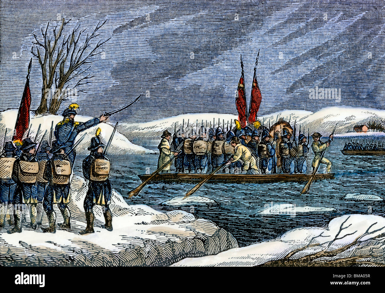 Continental Army crossing the Delaware River at night to attack Trenton, December 1776. Hand-colored woodcut Stock Photo