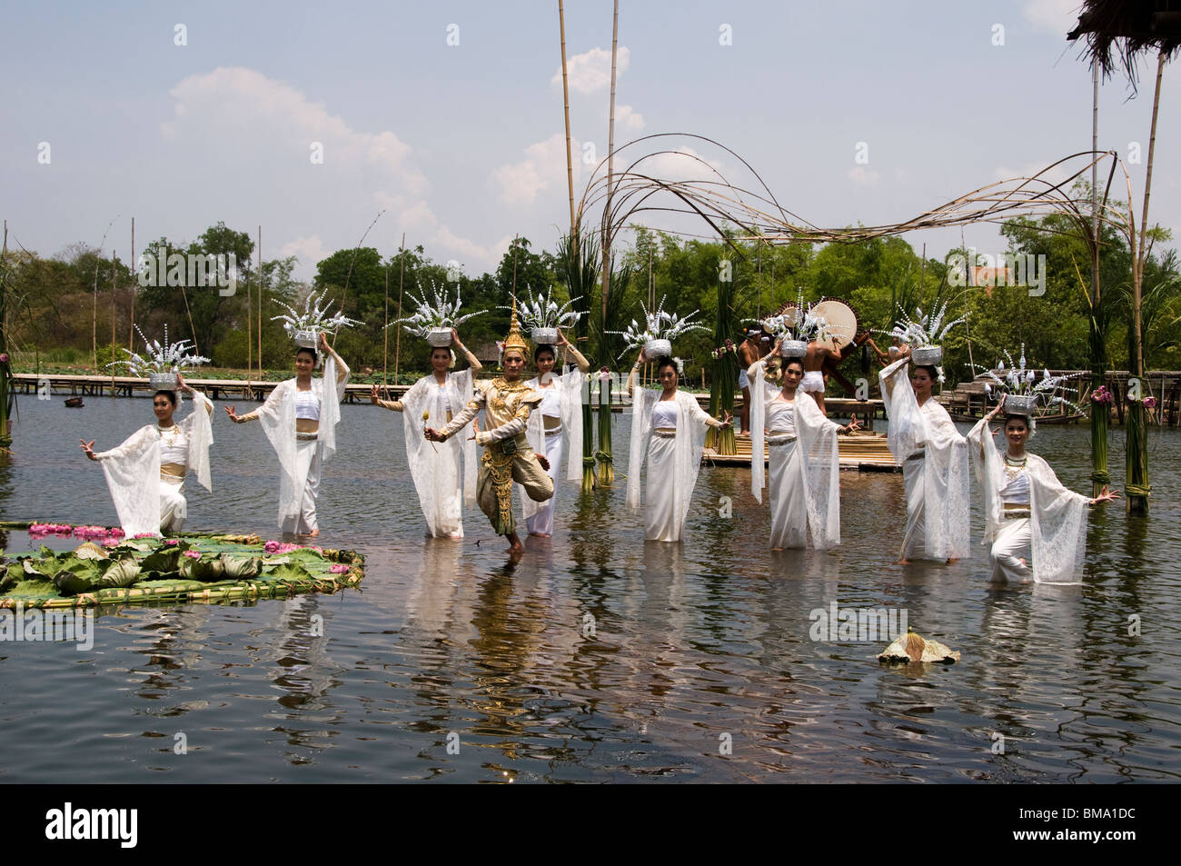 Sacred dance to the master at outdoor water theatre, Klong sra bua