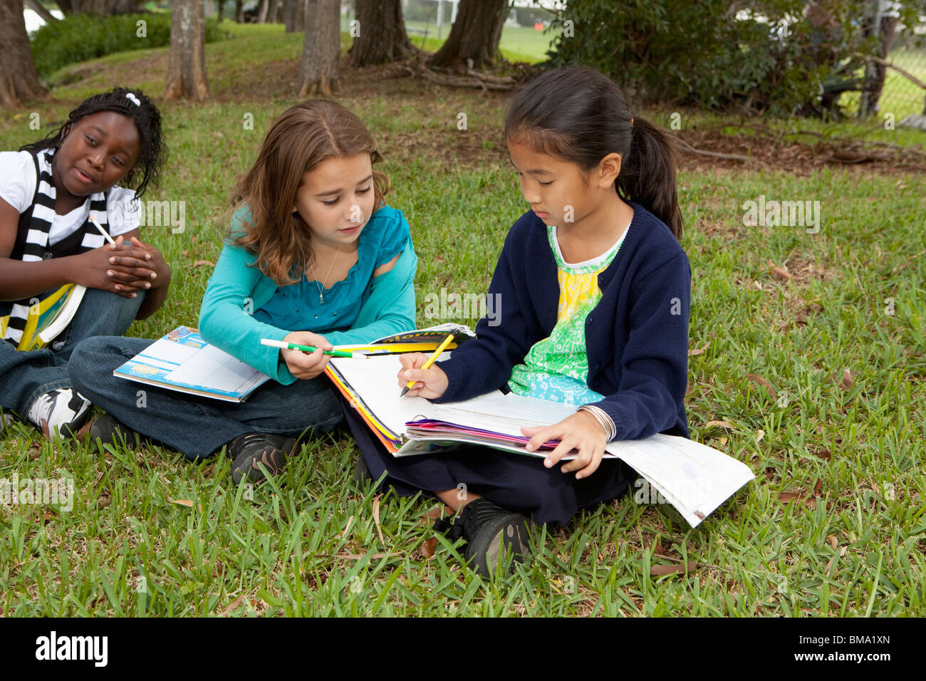 Fort Lauderdale, Florida, United States Of America; Three Girls Doing School Work In The Park Stock Photo