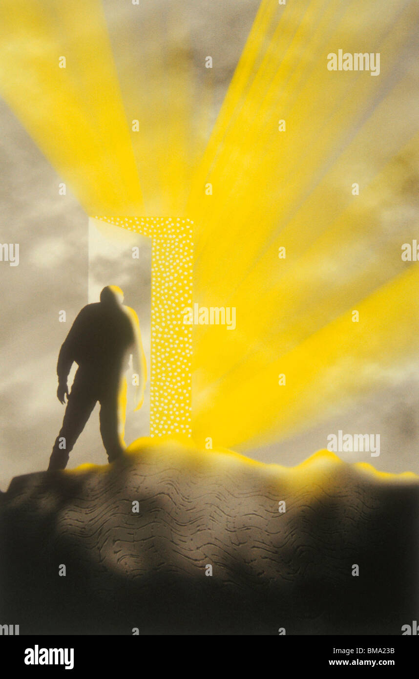 Man at brightly lit doorway. Stock Photo