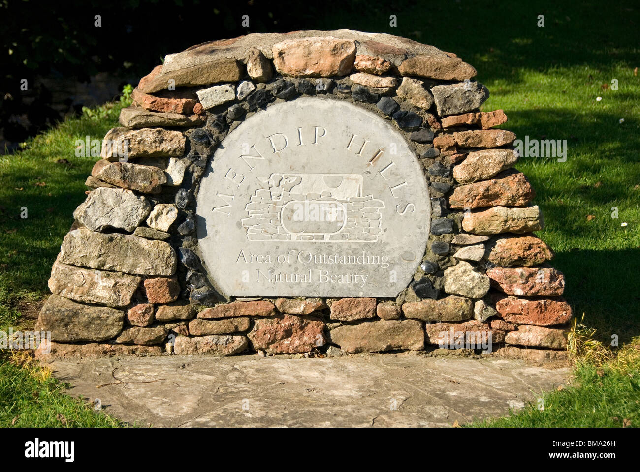 Mendip Hills, Area of outstanding natural beauty sign, stones, Wookey Hole, Somerset, UK Stock Photo