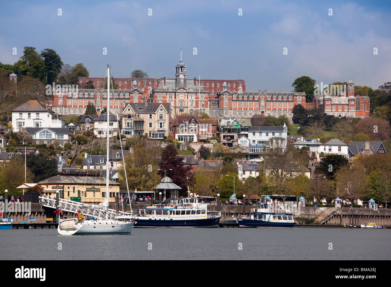 UK, England, Devon, Dartmouth, Britannia Royal Naval College on hilltop above River Dart Stock Photo