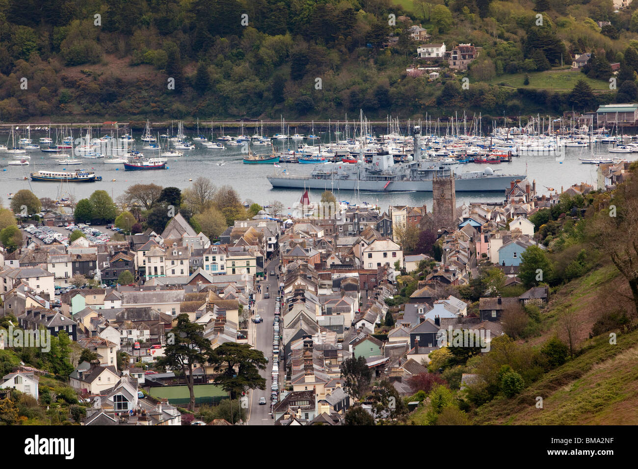 UK, England, Devon, Dartmouth, elevated view of town,Type 23 Navy frigate HMS Kent moored on River Dart Stock Photo