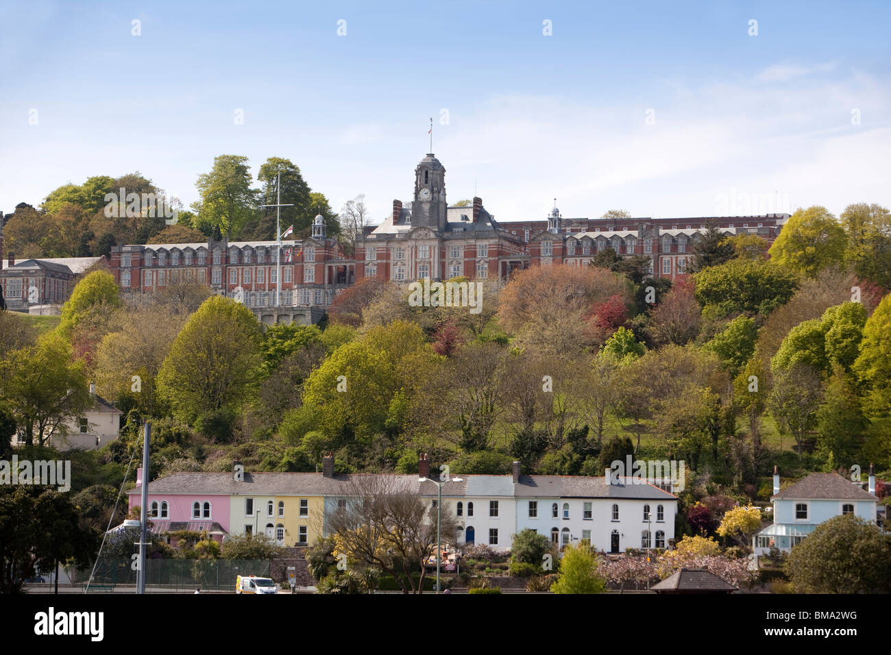 UK, England, Devon, Dartmouth, Britannia Royal Naval College on hilltop above River Dart Stock Photo