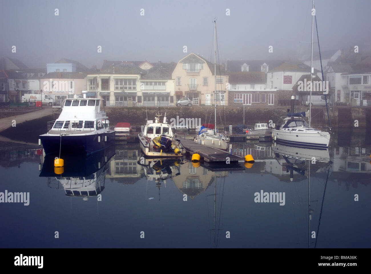 Padstow Cornwall UK Harbor Harbour Quay Marina Mist Fishing Boats Stock Photo Alamy