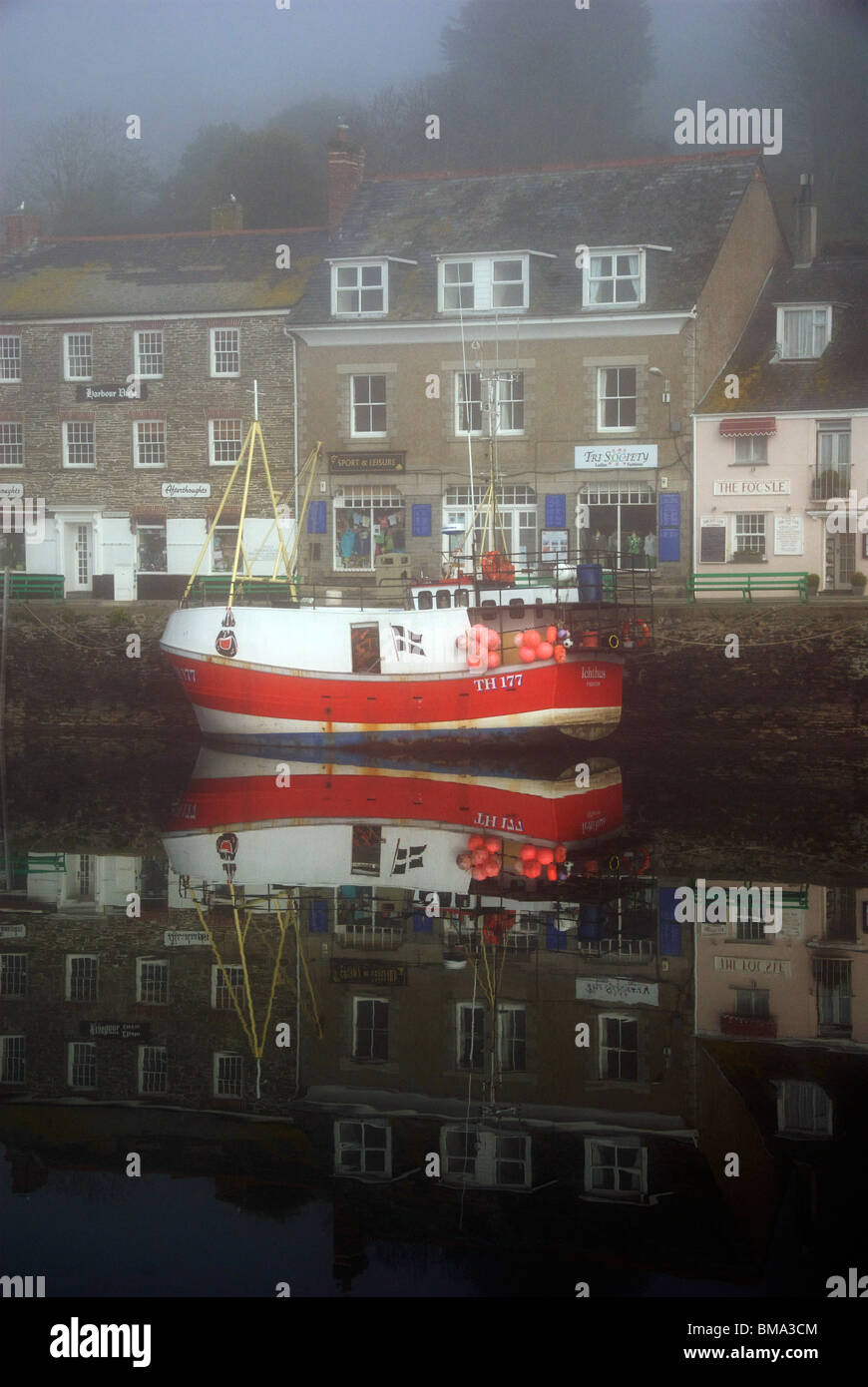 Padstow Cornwall UK Harbor Harbour Quay Marina Mist Fishing Boats Stock