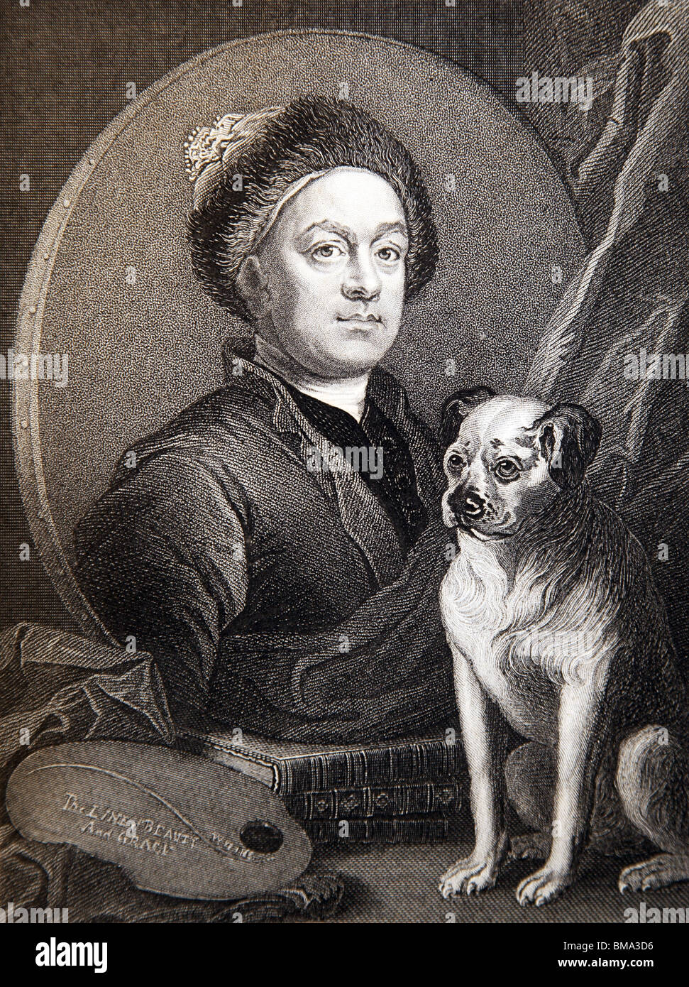 Engraving from the original painting by William Hogarth; Self Portrait; The Painter and his Pug; 1745 Stock Photo