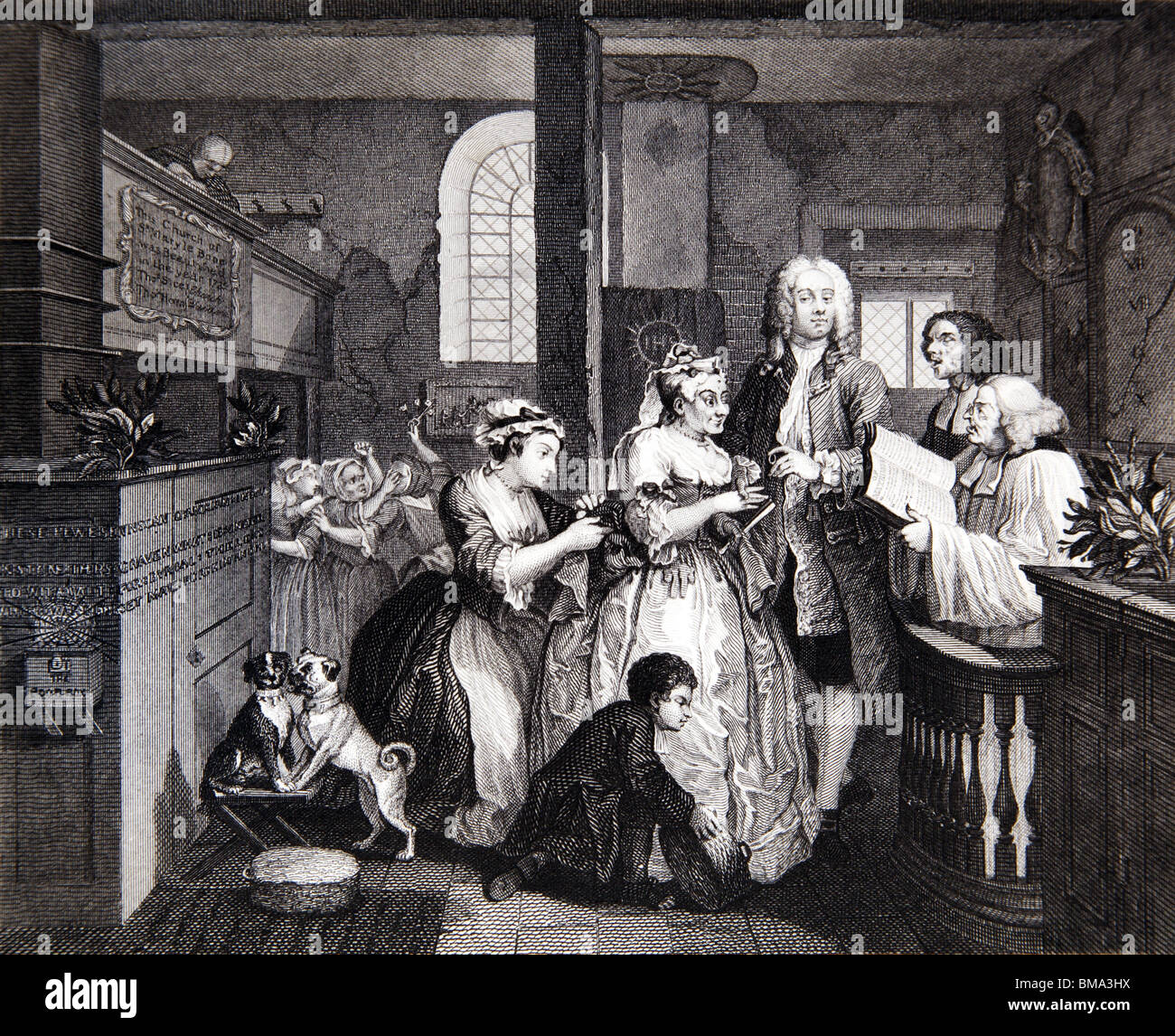 Black and White Engraving from an original by William Hogarth b1697, d1764 from The Rake's Progress; Marrying an Old Maid Stock Photo