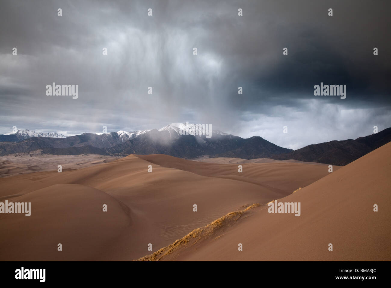 rain over dunefield with Sangre De Cristo Mountains, Great Sand Dunes National Park, Colorado Stock Photo