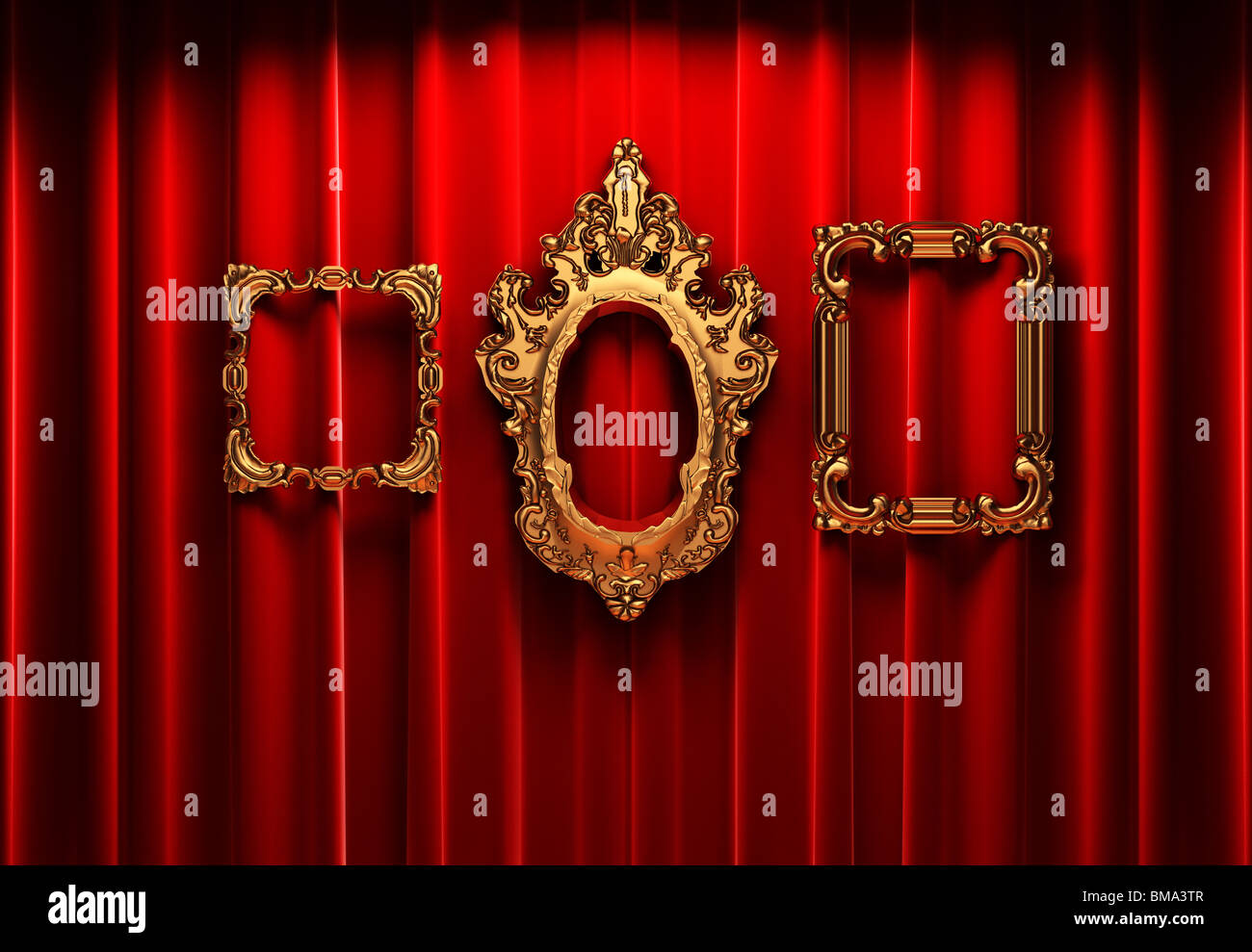 red curtains, gold frame made in 3d Stock Photo - Alamy