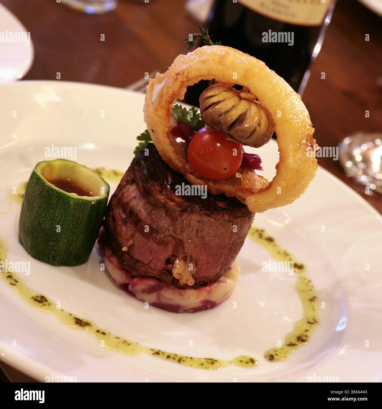Fillet Steak with onion Ring Stock Photo Alamy
