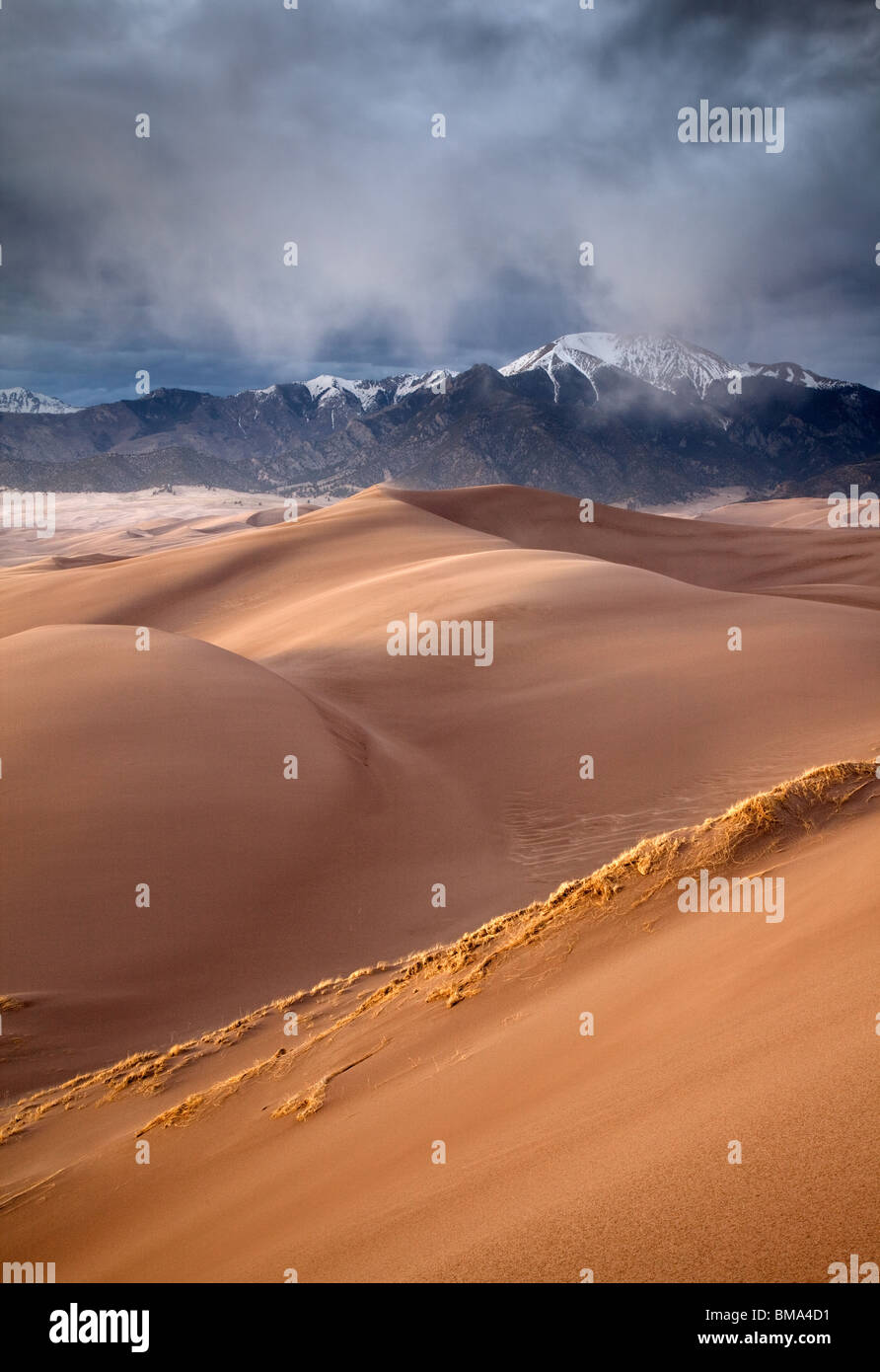rain over dunefield with Sangre De Cristo Mountains, Great Sand Dunes National Park, Colorado Stock Photo