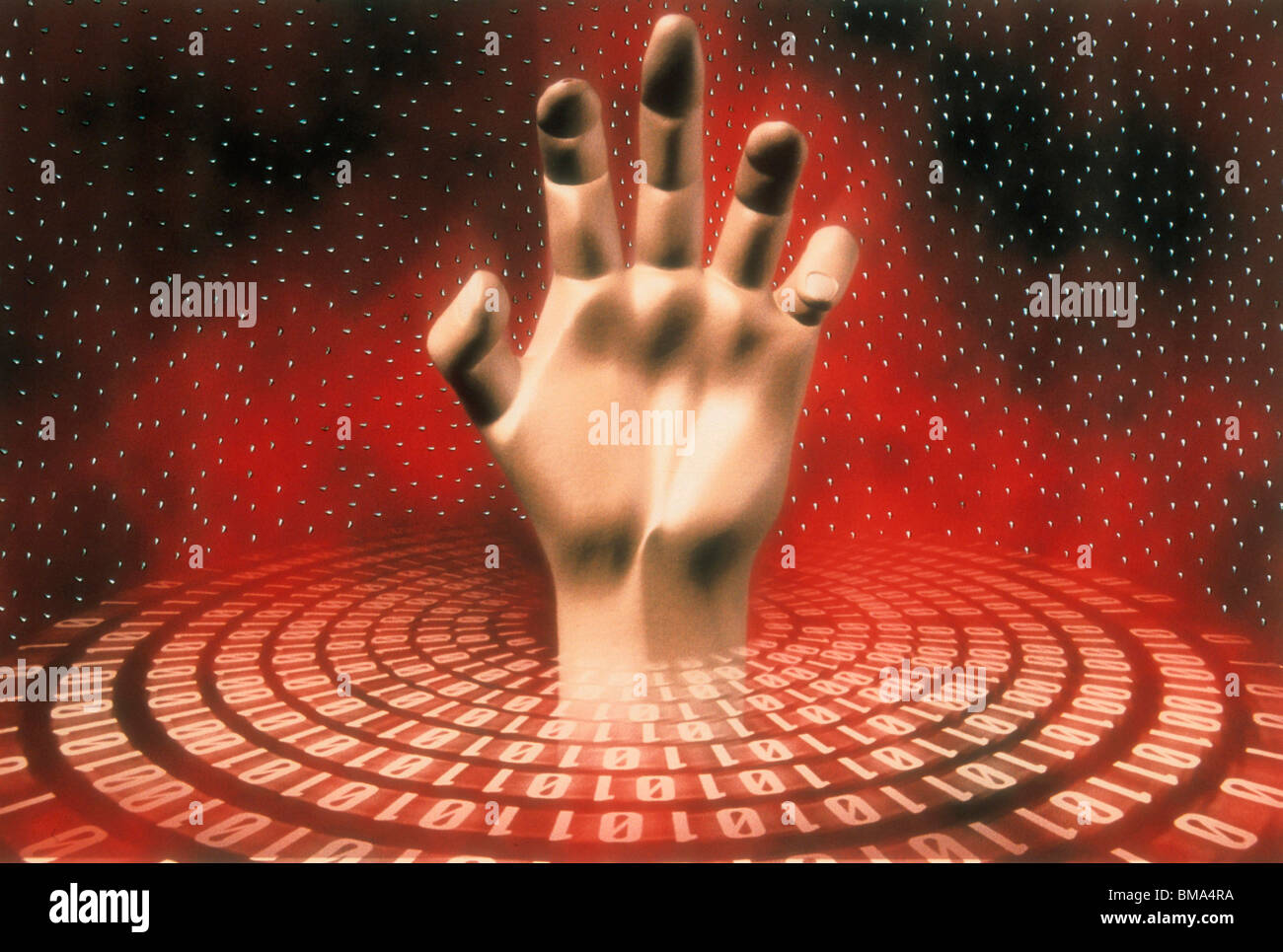 Hand reaching out of a digital field. Stock Photo