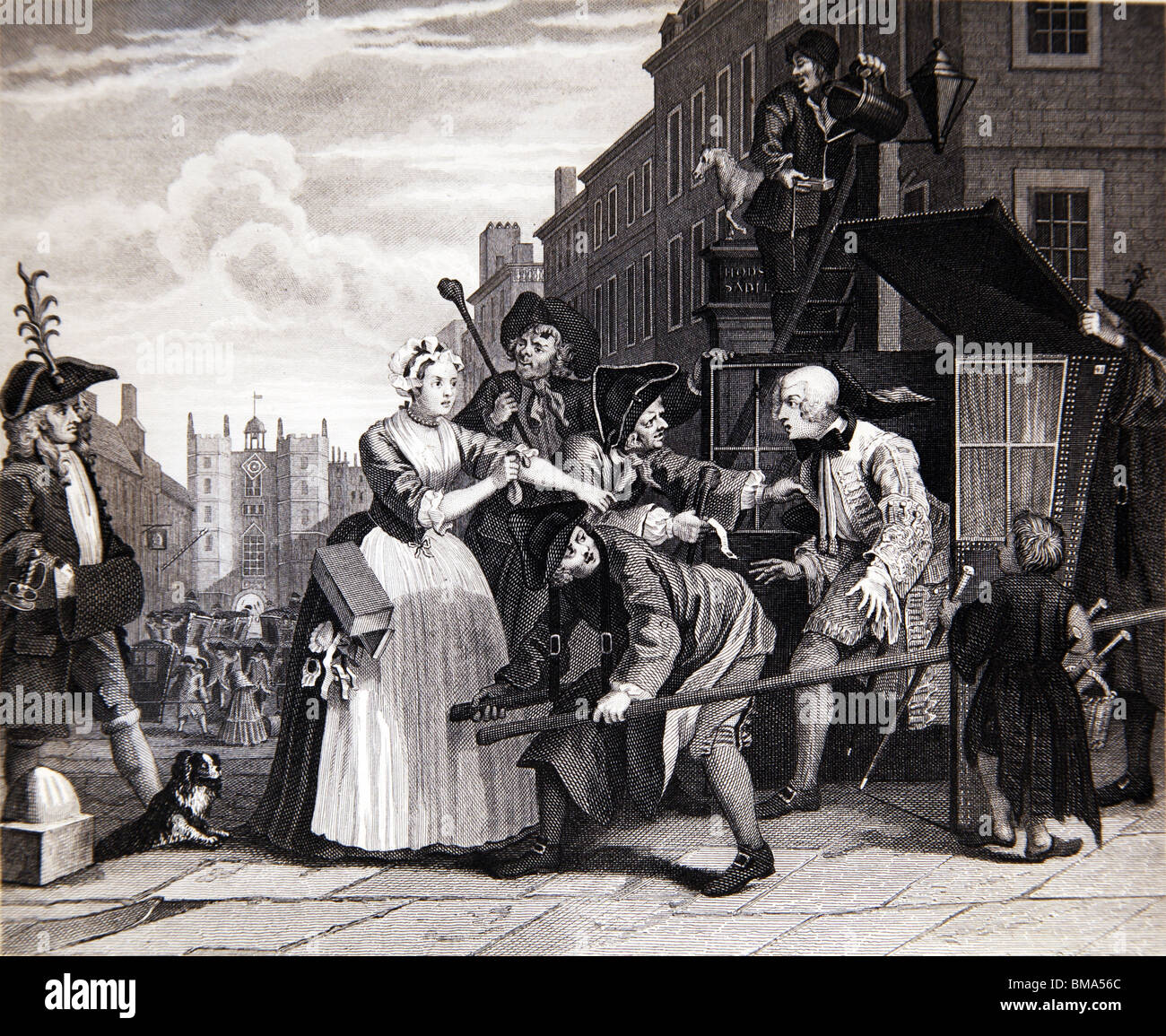 Engraving from an original by William Hogarth b1697, d1764 from The Rake's Progress; Arrested for Debt and Going to Court Stock Photo