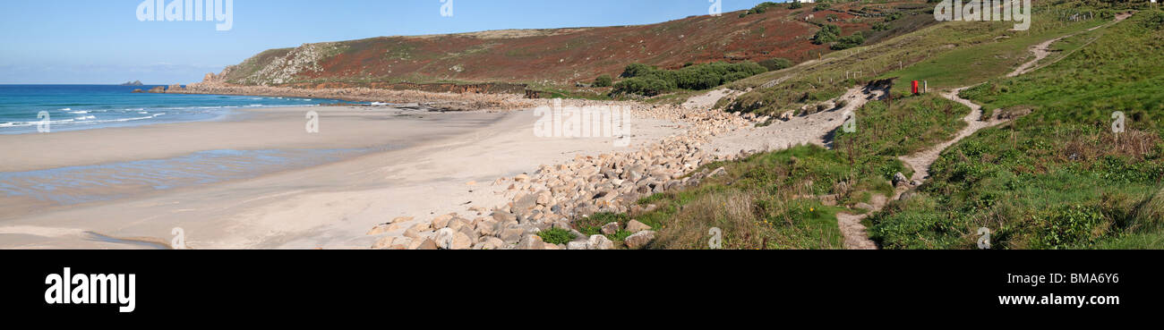 A panoramic view of Gwynver beach and coast path in Cornwall UK. Stock Photo