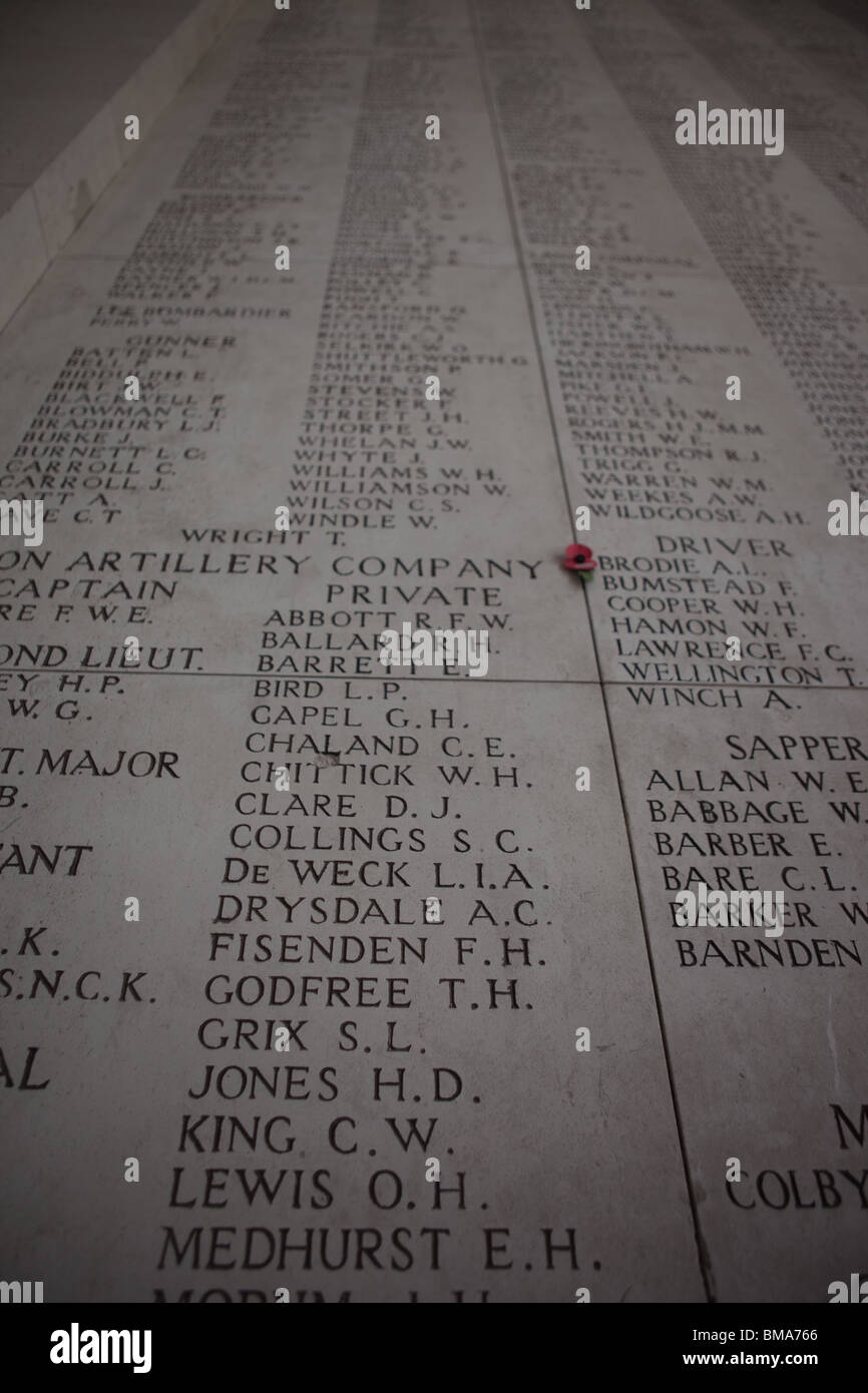 The names of the fallen on the Menin Gate Ypres Belgium Stock Photo