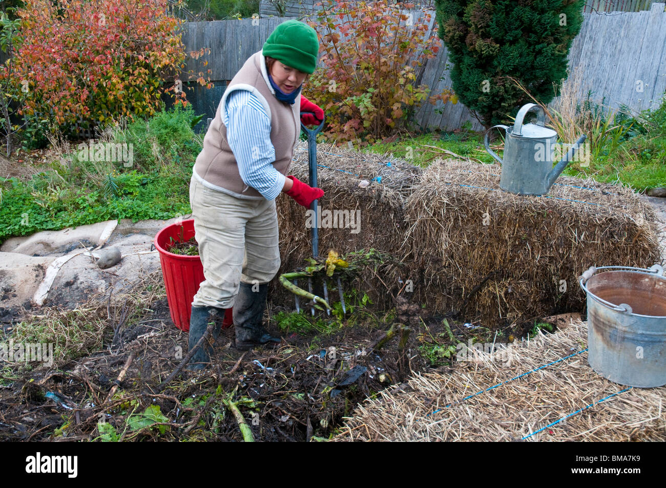 Woman turning a compost heap worm farm set amongst hay bales Stock Photo