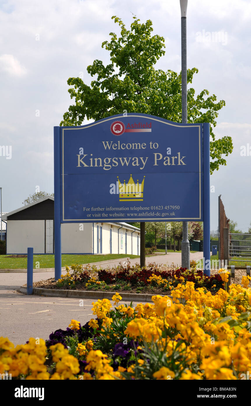 Kingsway Park sign, KirkbyinAshfield, Nottinghamshire, England, UK