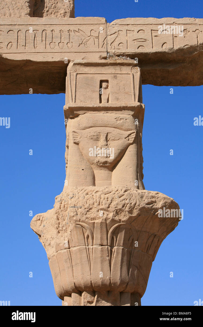 Chapiter with the head of the goddess Hathor at the Temple of Philae on Agilka Island in Upper Egypt Stock Photo