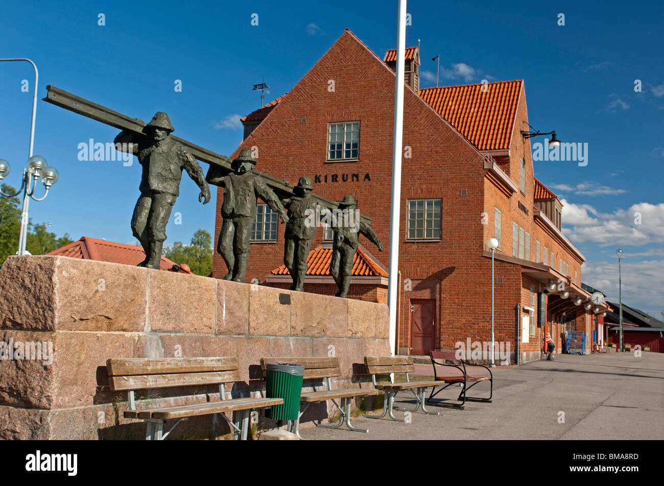 Railway Station at Kiruna with memorial to the workers who build the railway line from Kiruna to Narvik (Norway). Stock Photo