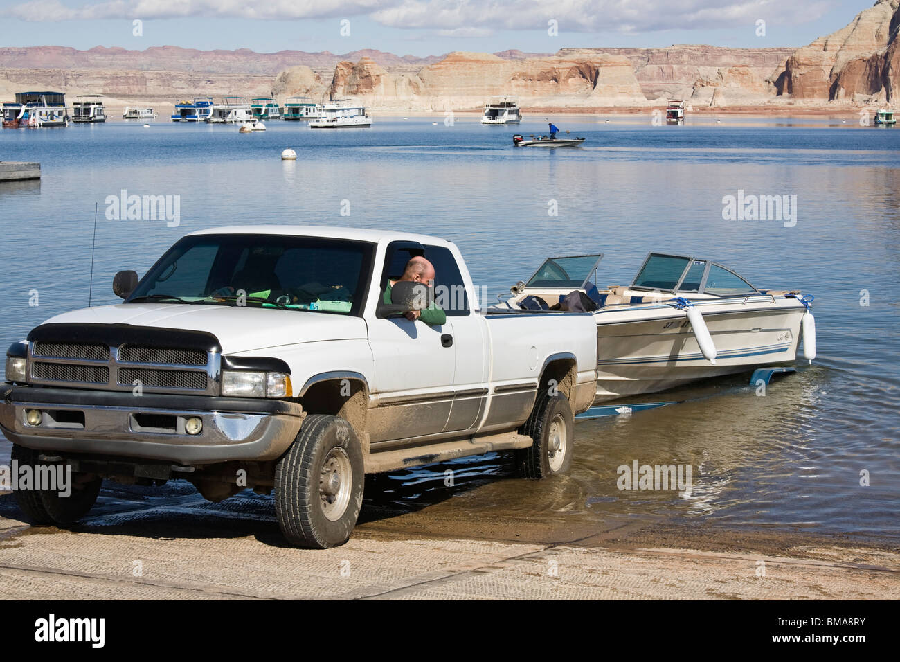 Man launching boat at Lake Powell, Arizona, Utah area Stock Photo Alamy