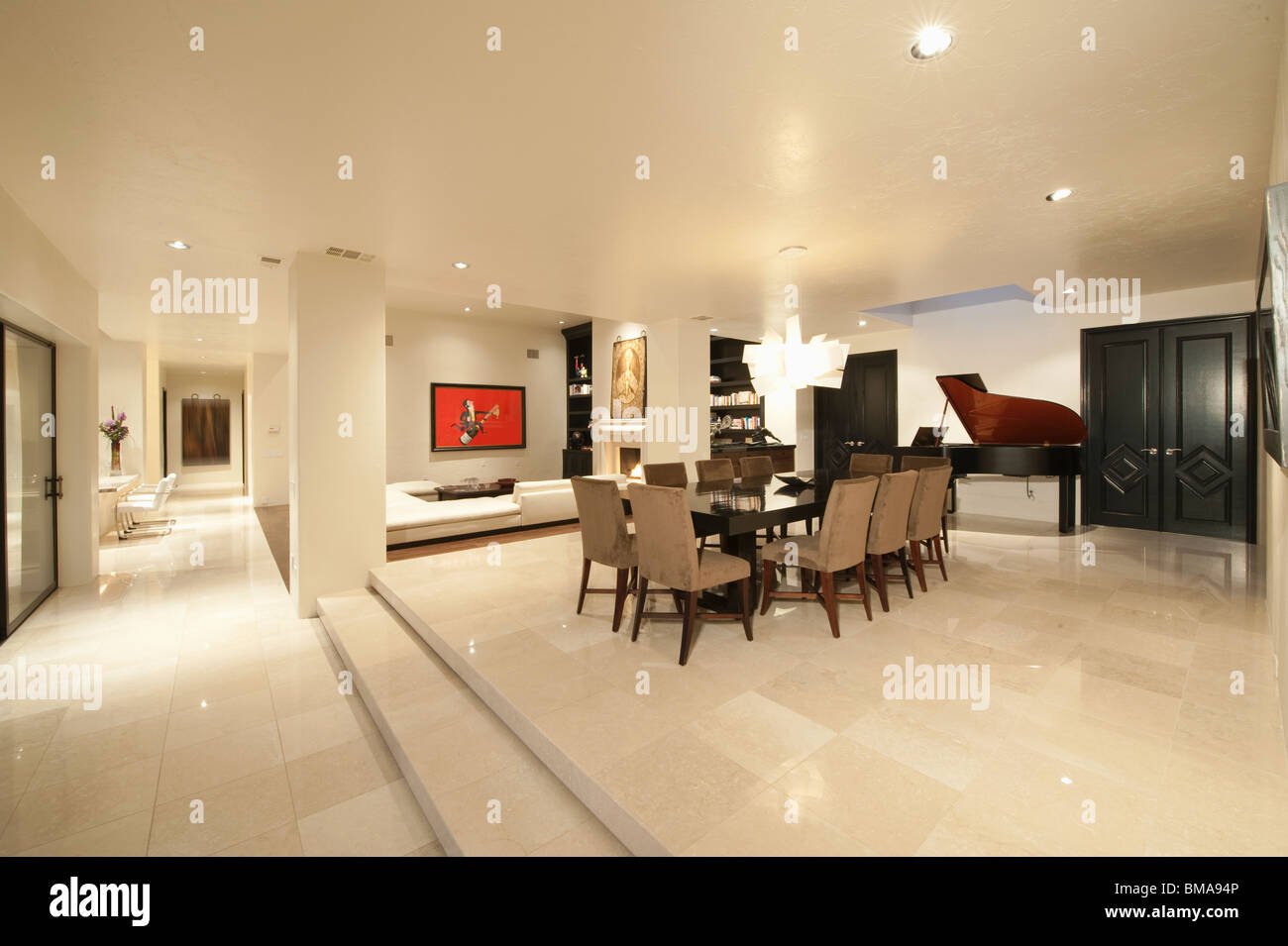 Spacious white living interior with grand piano Stock Photo - Alamy