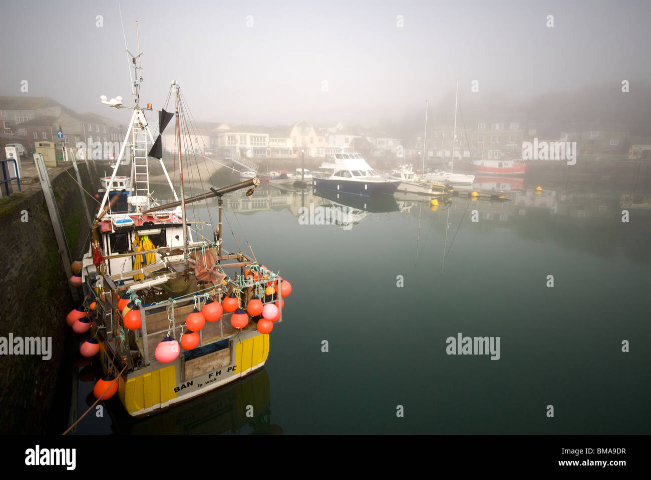 Padstow Cornwall UK Harbor Harbour Quay Marina Mist Fishing Boats Stock