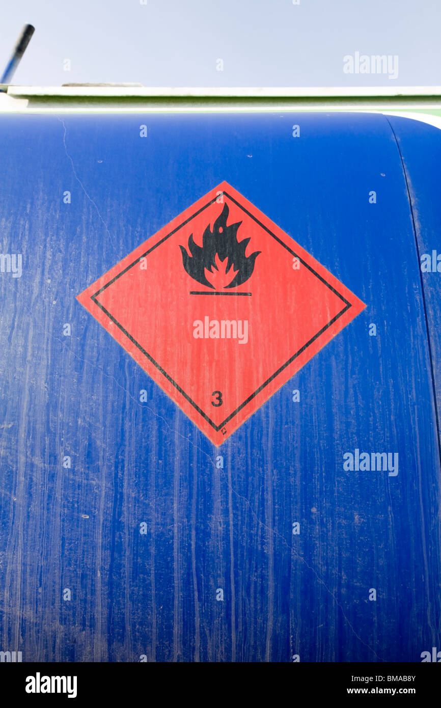 Flammable sign on side of a fuel truck Stock Photo