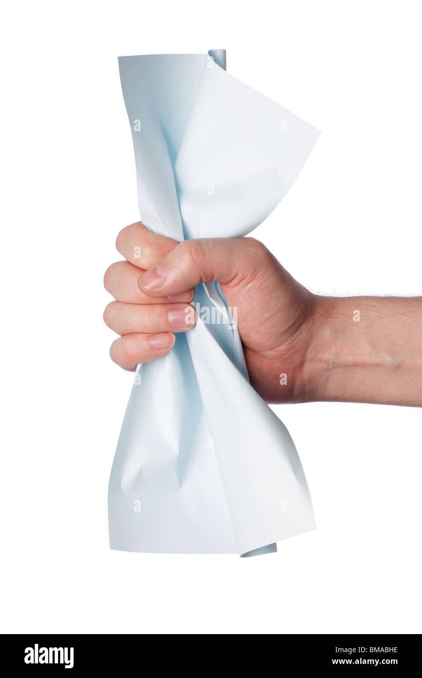 Hand of a man crushing a light blue paper Stock Photo Alamy