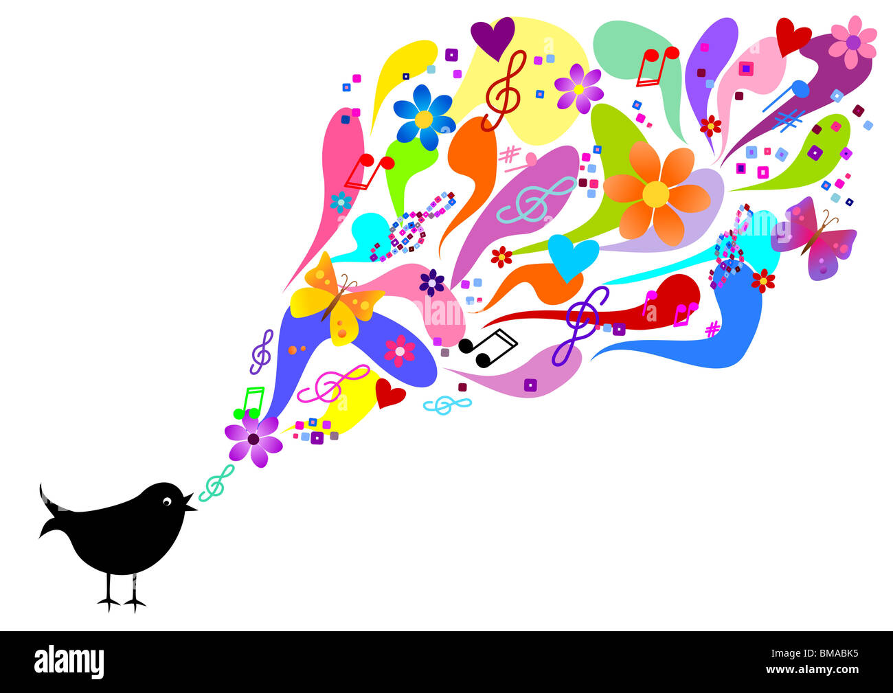 Bird singing - colorful illustration Stock Photo