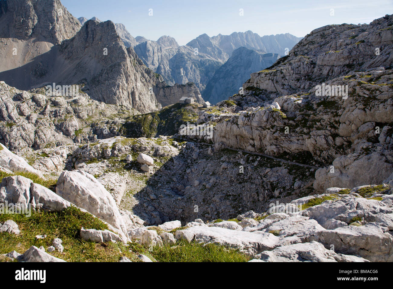 Alps landscape and bower - Pogacnikov dom - Julian alps Stock Photo