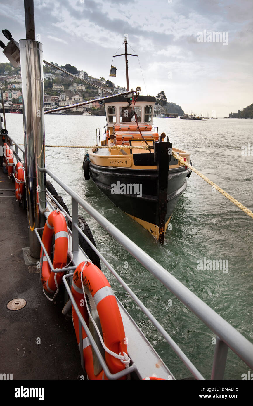 UK, England, Devon, Dartmouth, Lower Ferry crossing River Dart, Hauley IV boat attached by rope Stock Photo