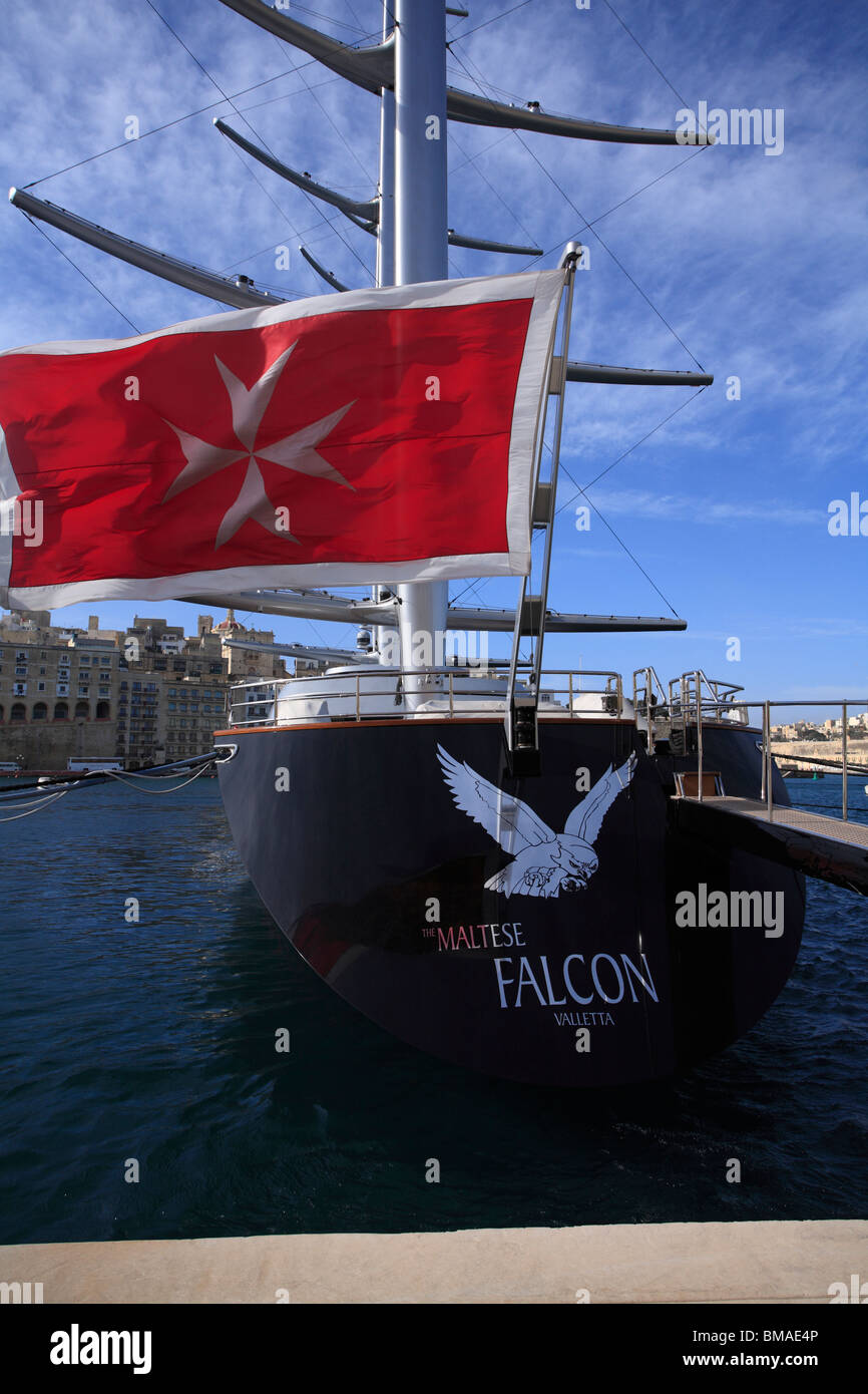 A super yacht at her moorings in Dockyard Creek just off the Grand Harbour, in Valletta, Malta. Stock Photo