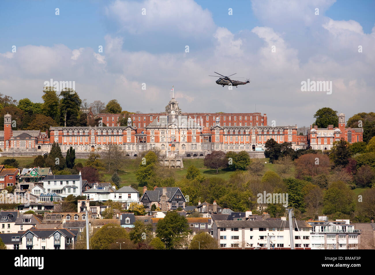 UK, England, Devon, Dartmouth, Westland WS-61 Sea King helicopter flying over Britannia Royal Naval College Stock Photo