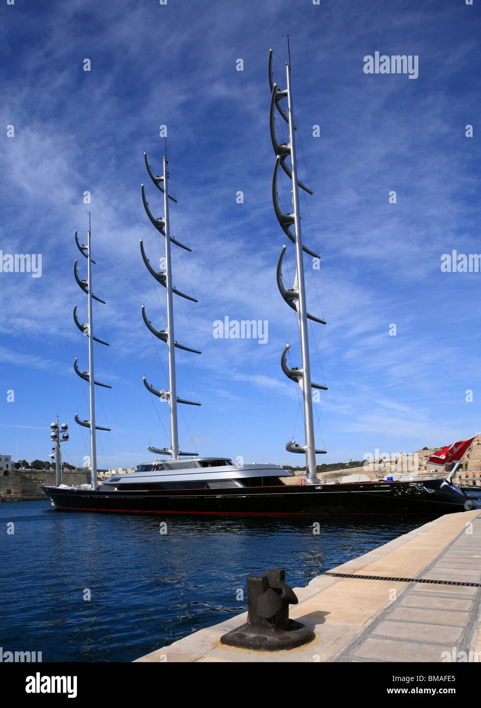 A super yacht at her moorings in Dockyard Creek just off the Grand Harbour, in Valletta, Malta. Stock Photo