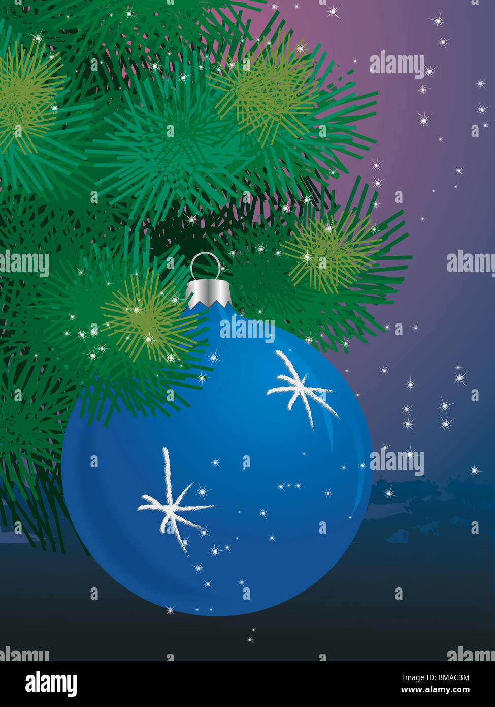 Blue ball on Christmas tree on colored background Stock Photo - Alamy