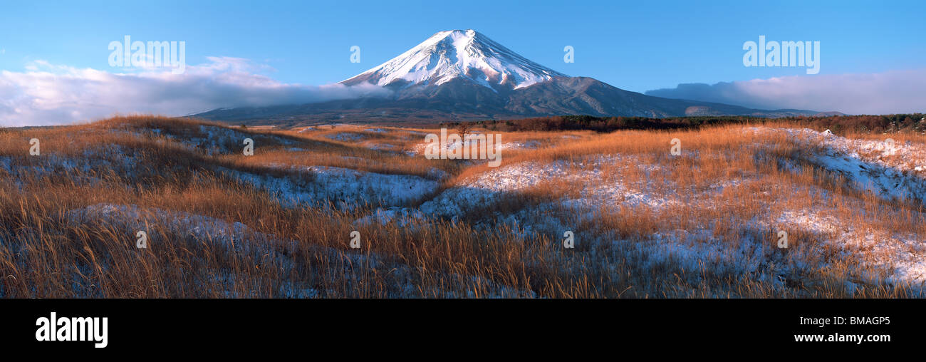 Mount Fuji and Field, Fujiyoshida, Yamanashi, Japan Stock Photo