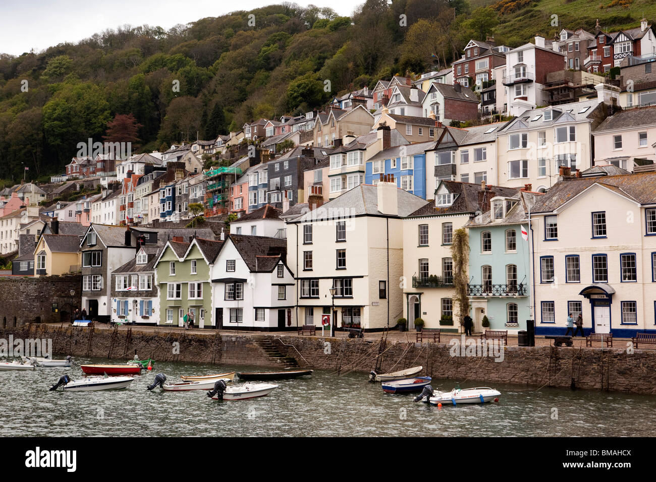 UK, England, Devon, Dartmouth, Bayard’s Cove small boats moored at quayside Stock Photo