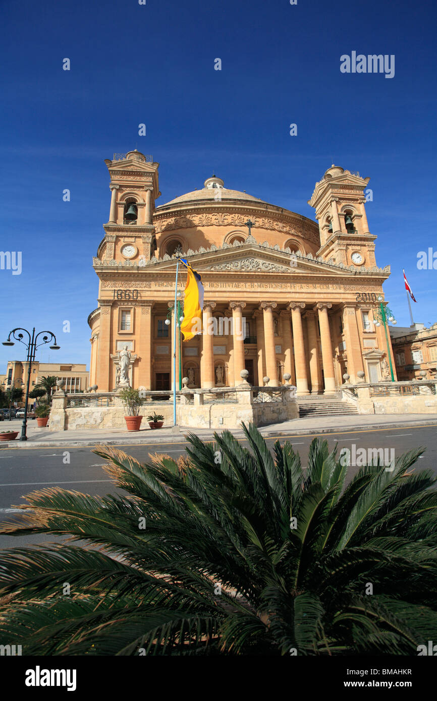 The external main frontage of the Church of St Mary - known as the Rotunda or Mosta Dome, Mosta, Island of Malta Stock Photo