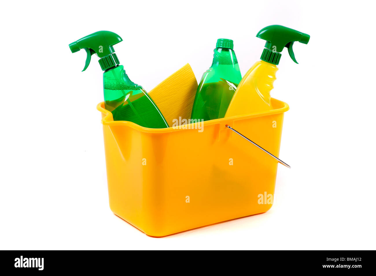 Green and chemical cleaning products together in a bucket Stock Photo