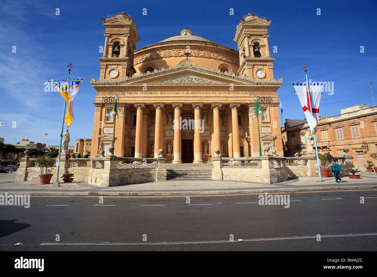 The external main frontage of the Church of St Mary - known as the Rotunda or Mosta Dome, Mosta, Island of Malta Stock Photo