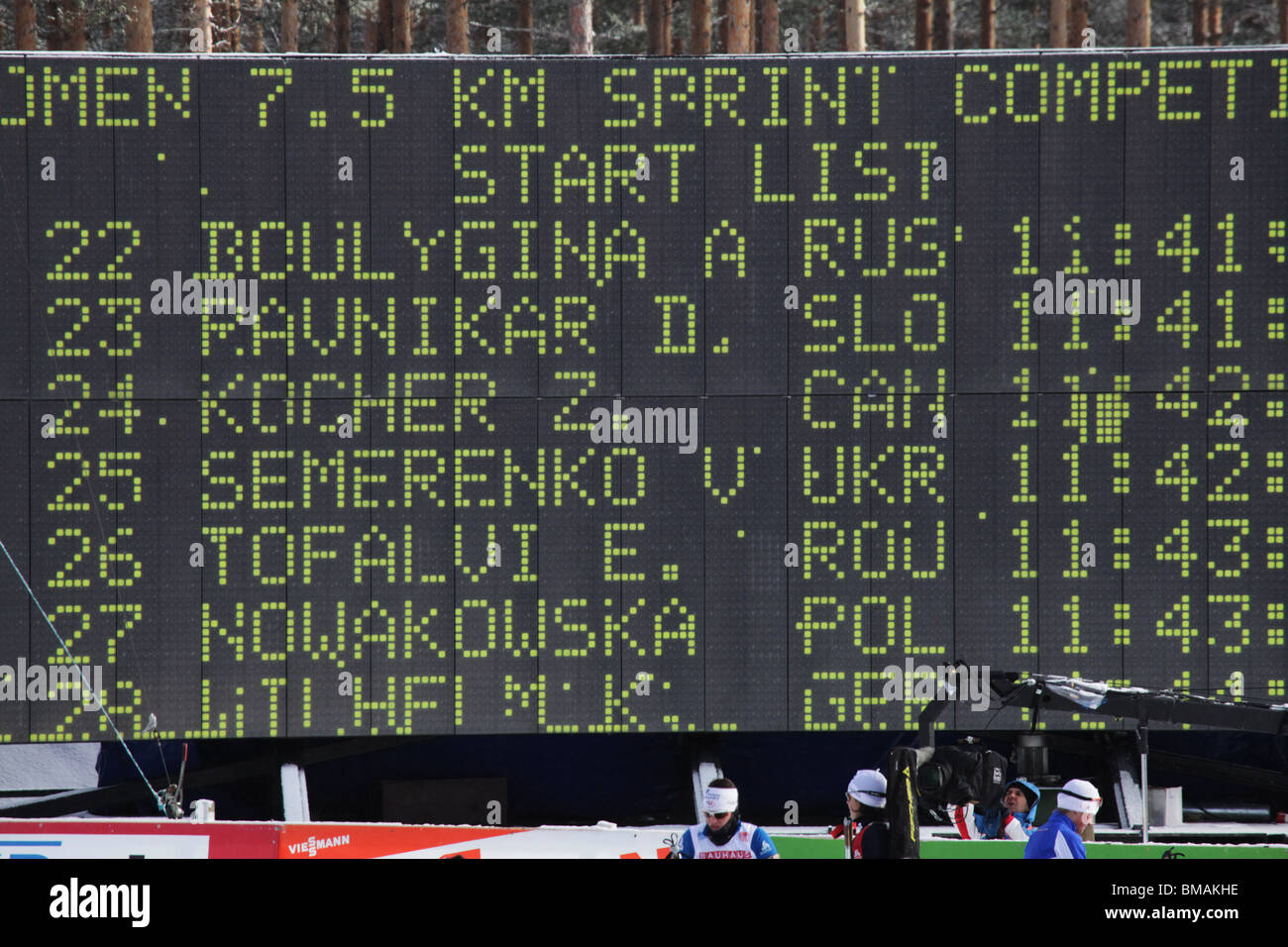 Scoreboard at Women 7.5km Sprint IBU World Cup Biathlon Kontiolahti Finland March 14 2010 Photo: ROB WATKINS Stock Photo