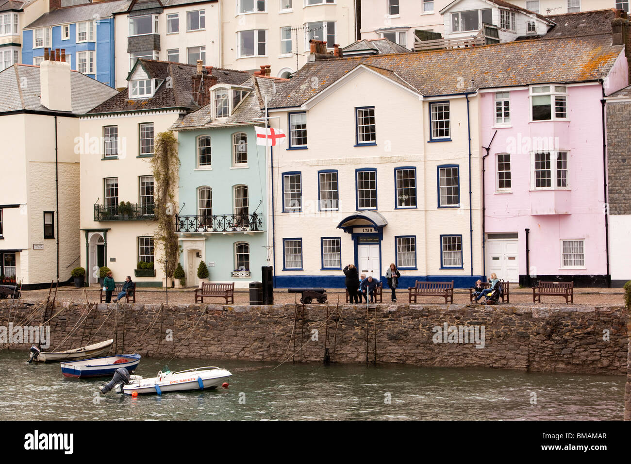 UK, England, Devon, Dartmouth, Bayard’s Cove small boats moored at quayside Stock Photo