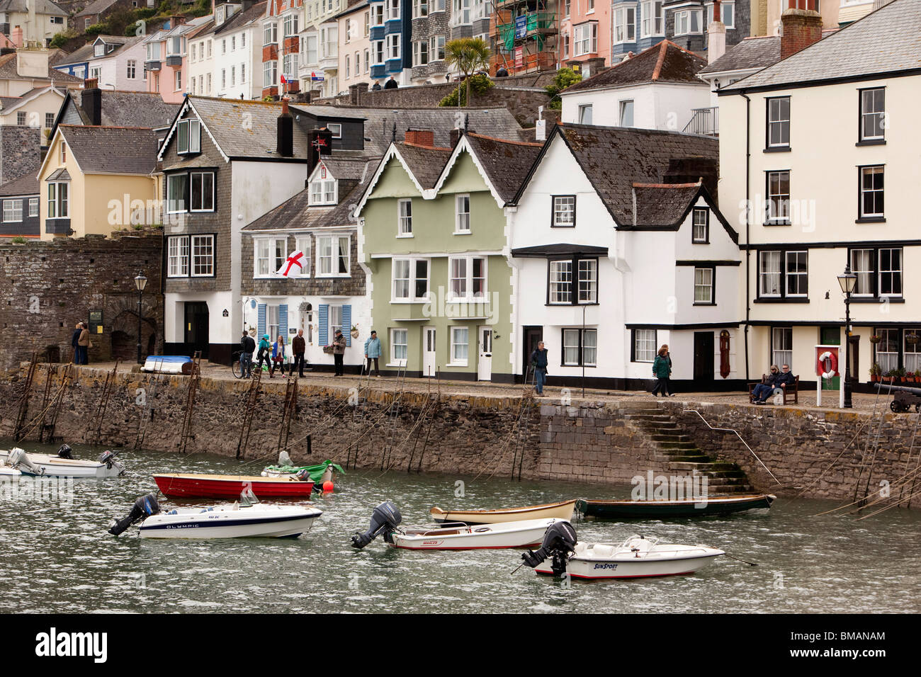 UK, England, Devon, Dartmouth, Bayard’s Cove small boats moored at quayside Stock Photo