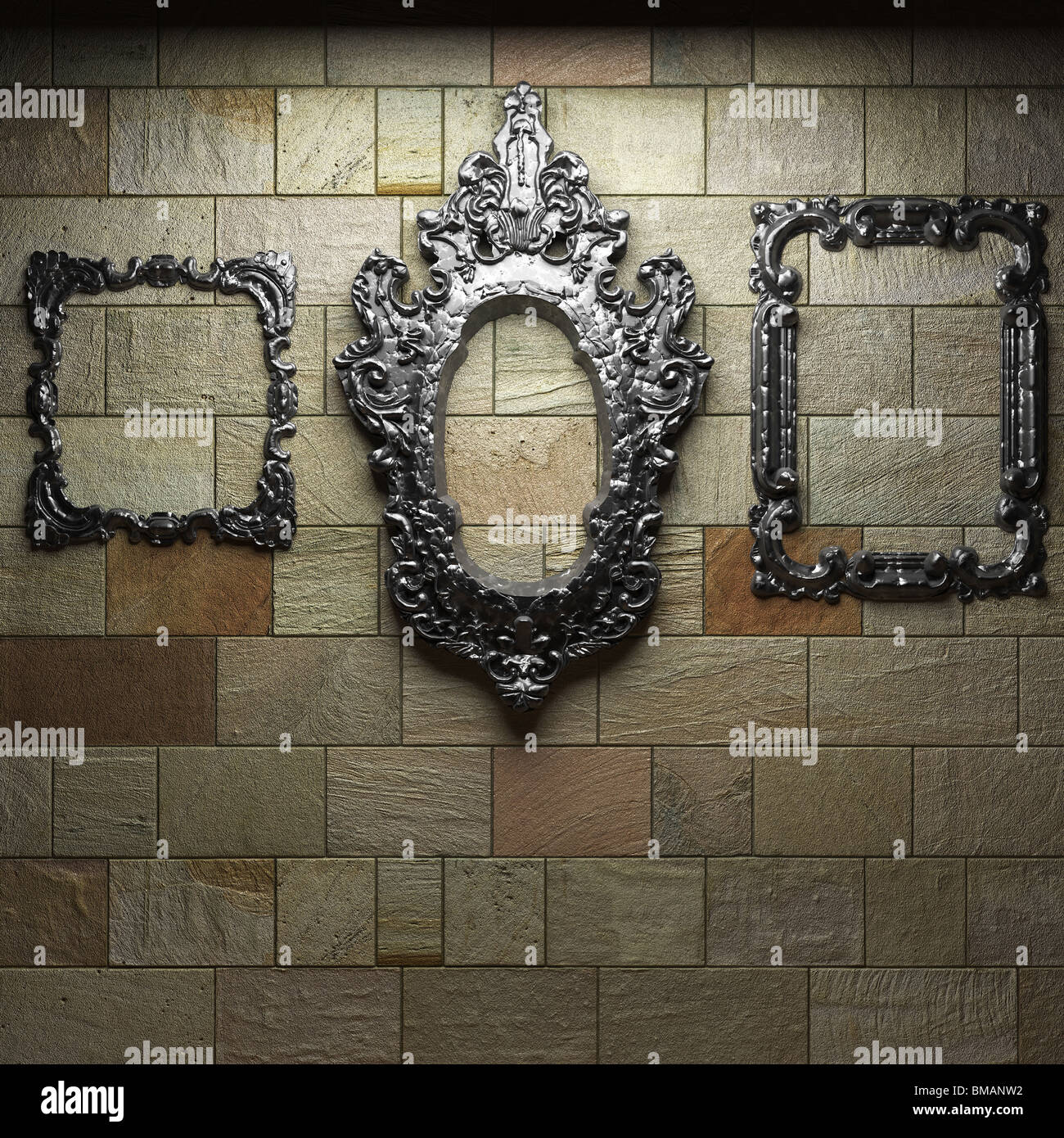 illuminated stone wall and frame made in 3D Stock Photo - Alamy