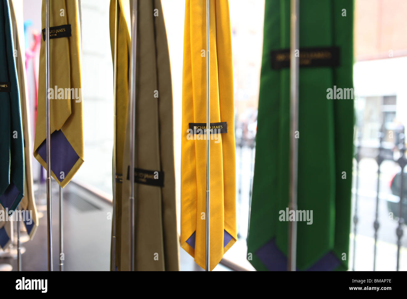 Ties in the window of The Richard James store in Savile Row London. Stock Photo