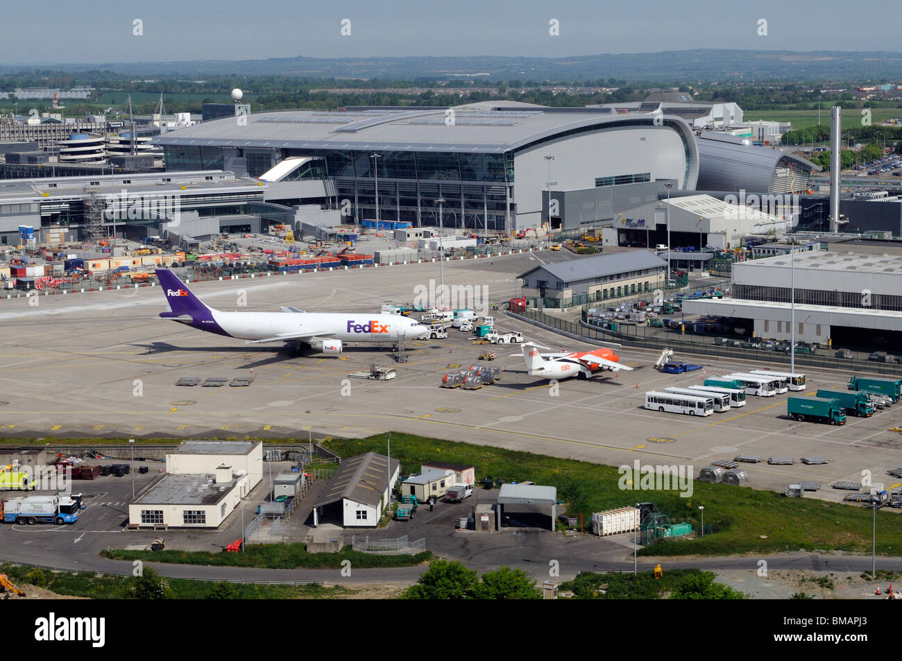 Dublin International Airport terminals and aircraft stands seen in the